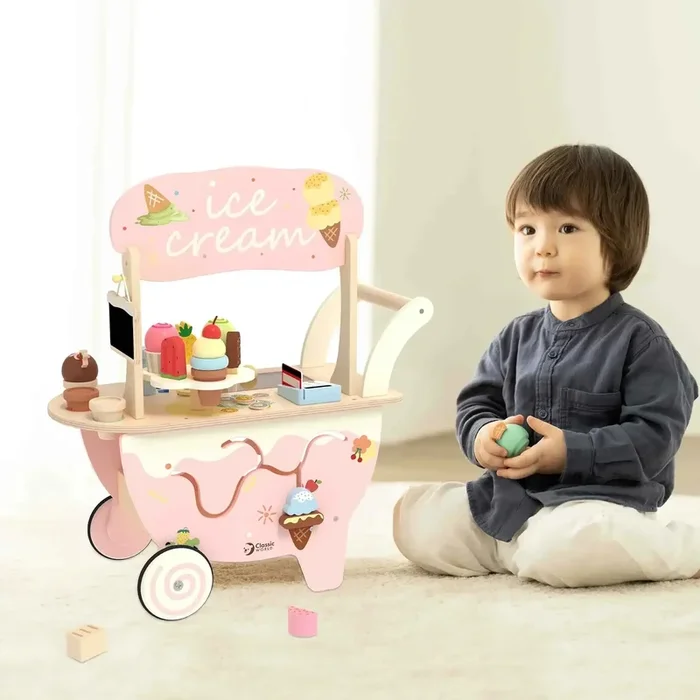 World Wooden Ice Cream Cart with Walker Function | Pretend Play Shop Set CLASSIC WORLD