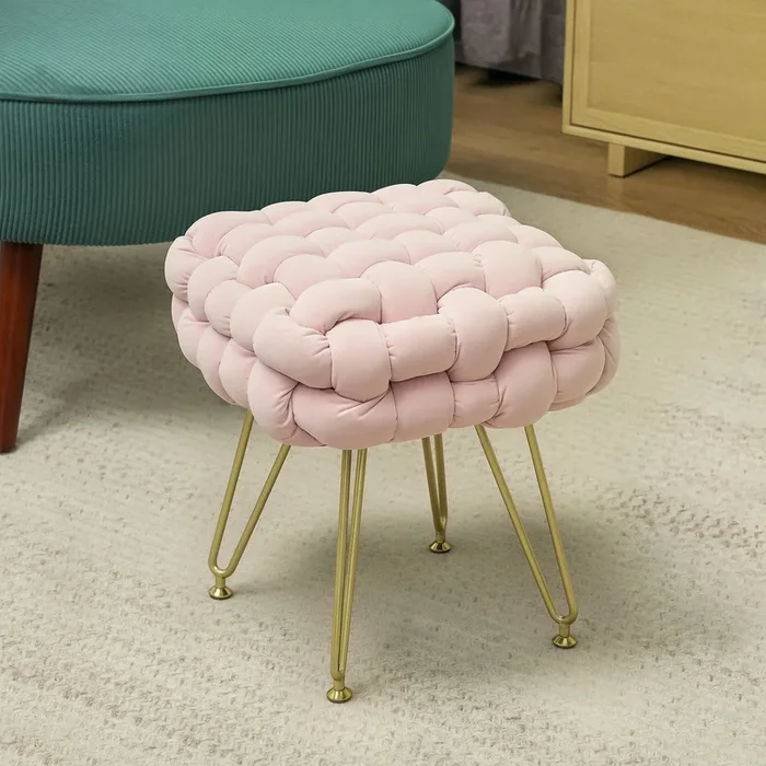Woven Velvet Foot Stool with Steel Legs for Living Room