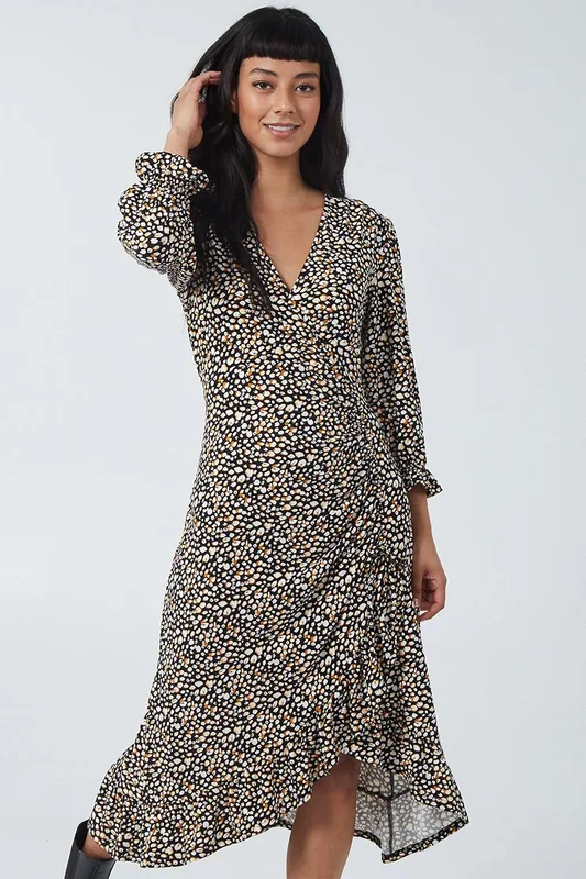 Wrap Front Ruched Detail Midi Dress