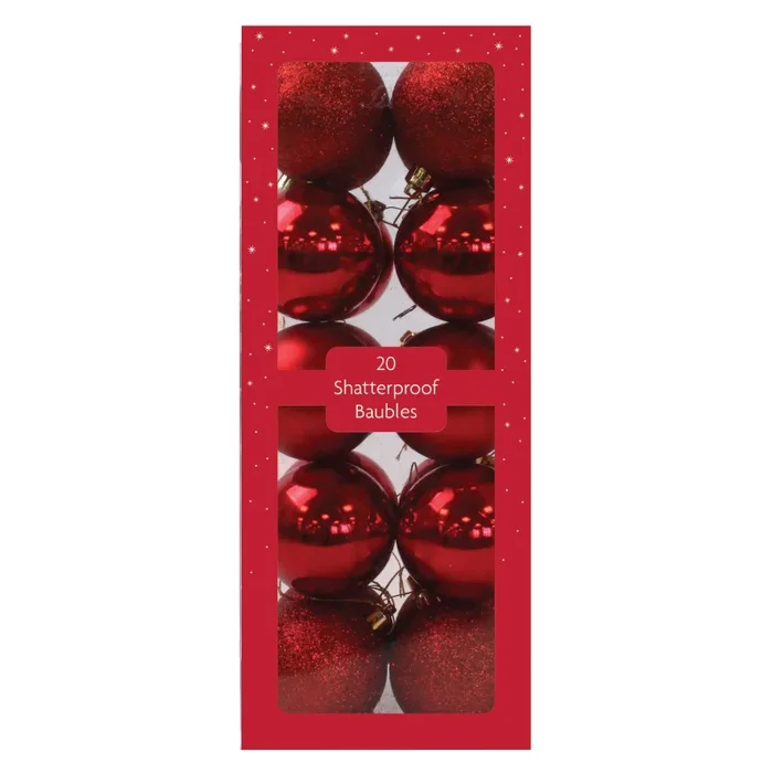 Xmas Shatterproof Baubles Red 20 pack