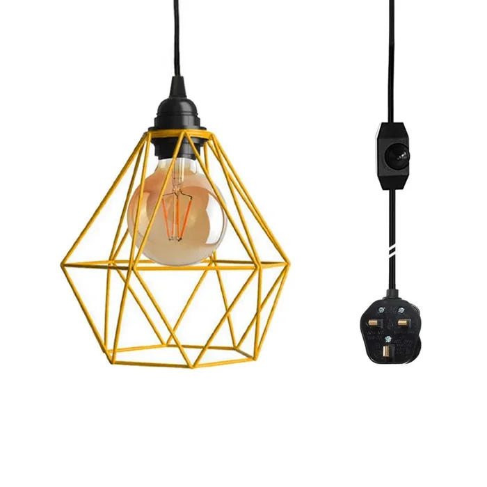 Yellow Diamond Shade Dimmer Switch Plug In Hanging Pendant Lamp~3029