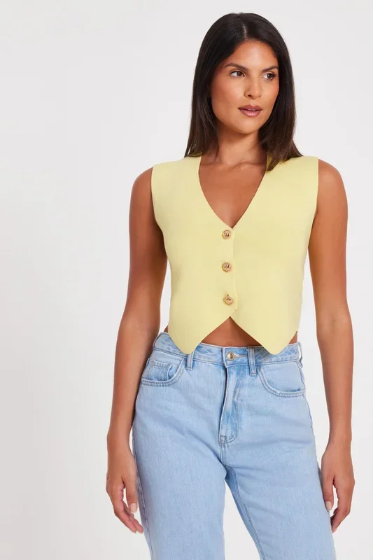Yellow Knitted Button Front Waistcoat