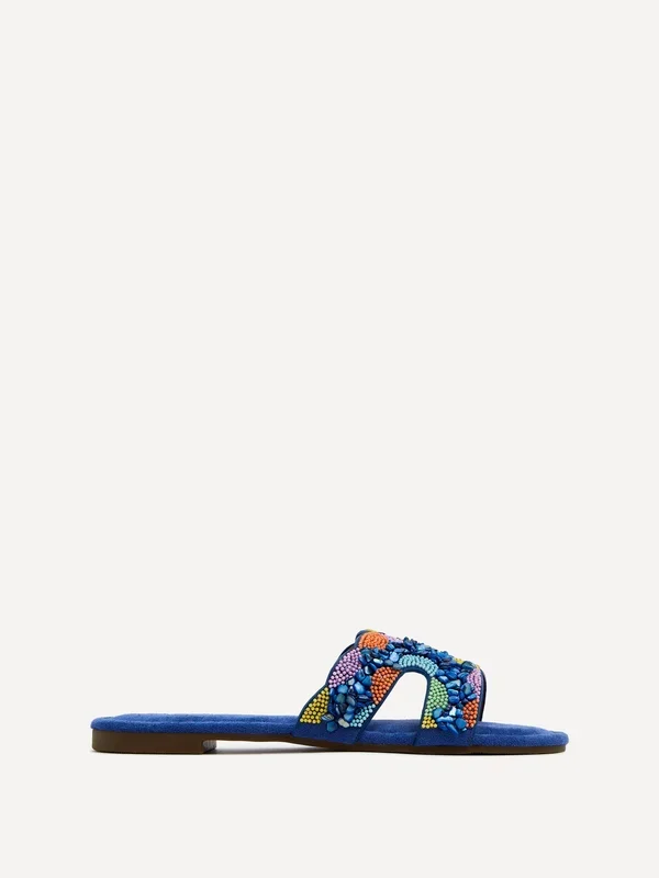 Zahara Cobalt Blue Faux Suede Embellished Slider Sandal