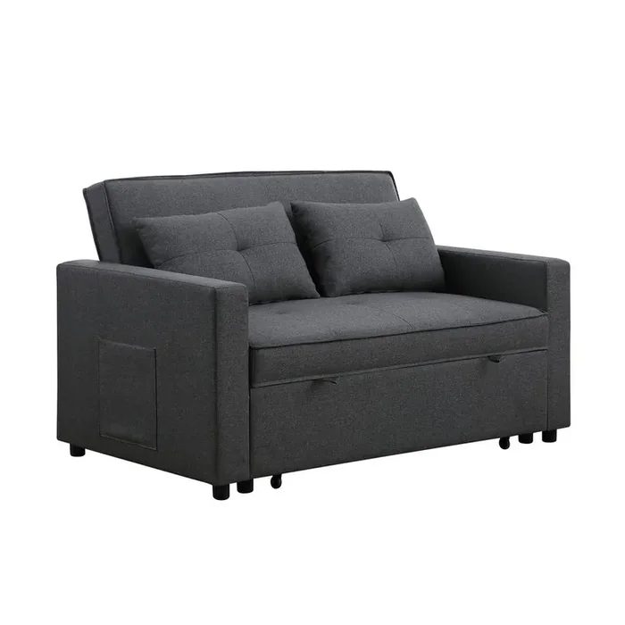 Zoey Dark Gray Linen Convertible Sleeper Loveseat with Side Pocket